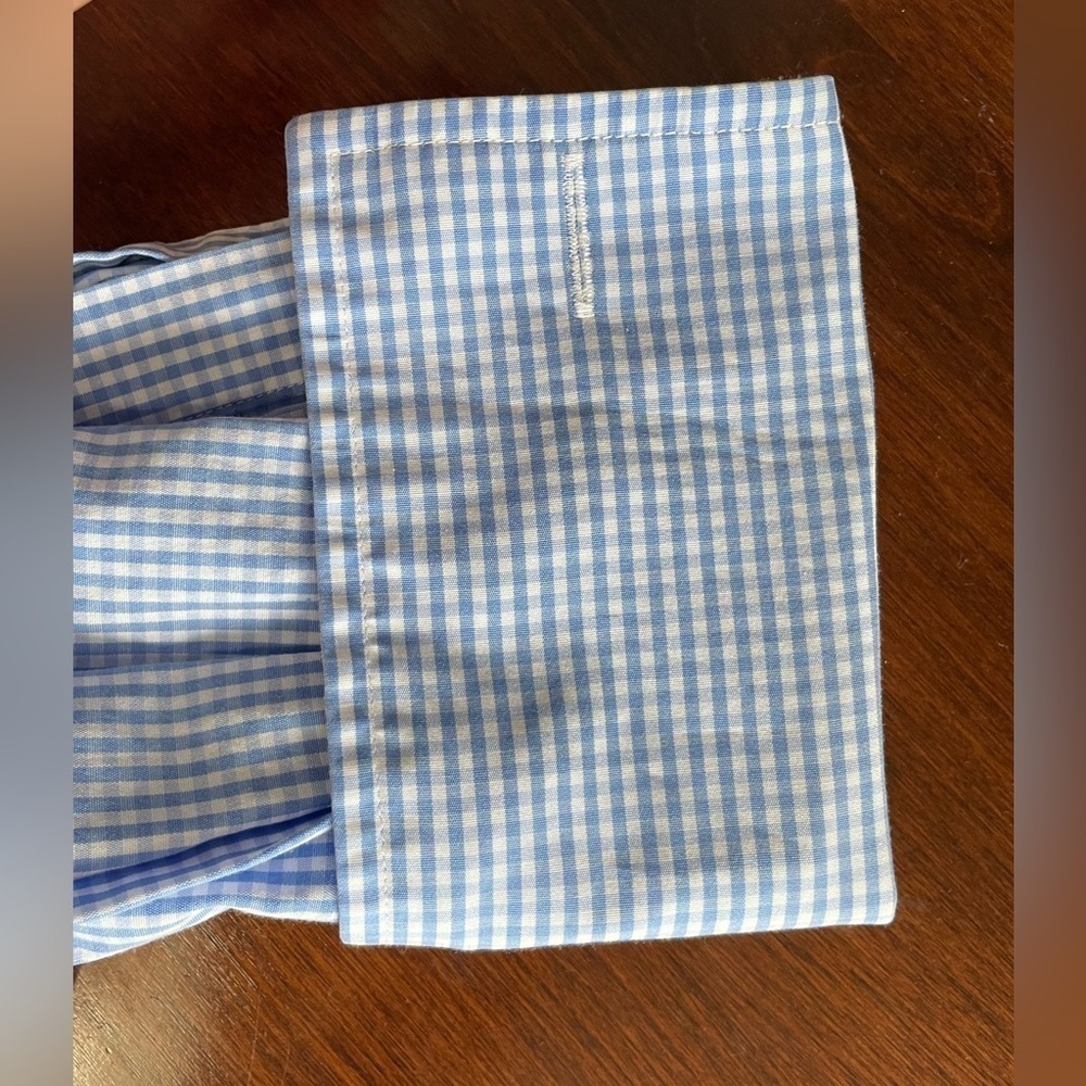 T.M. Lewin - Blue and white checkered dress button down shirt. Double cuff. - Picture 4 of 4